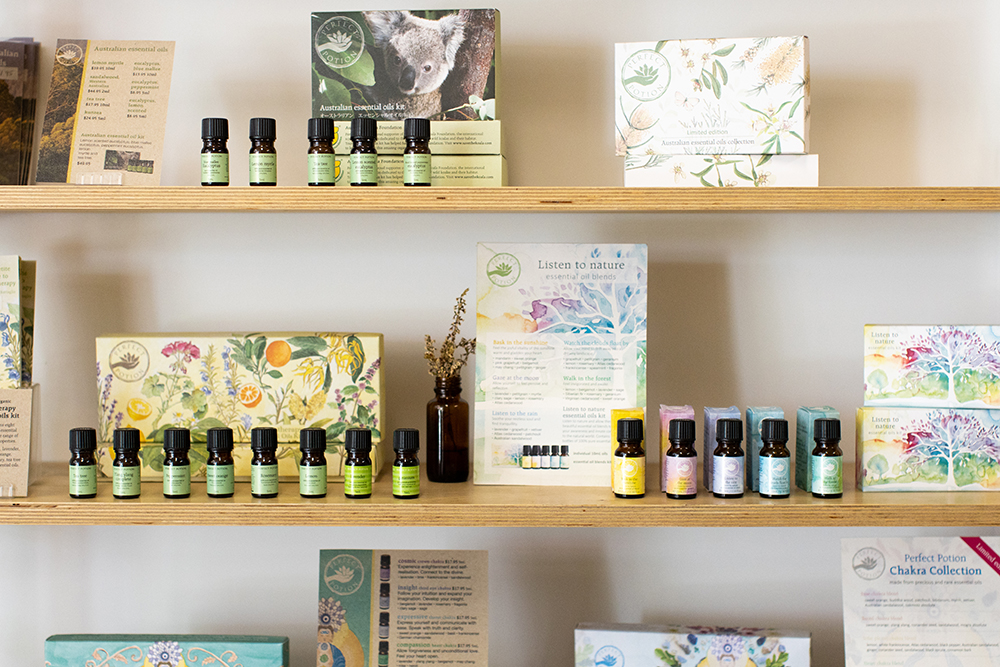 A display of the Perfect Potion essential oils range.